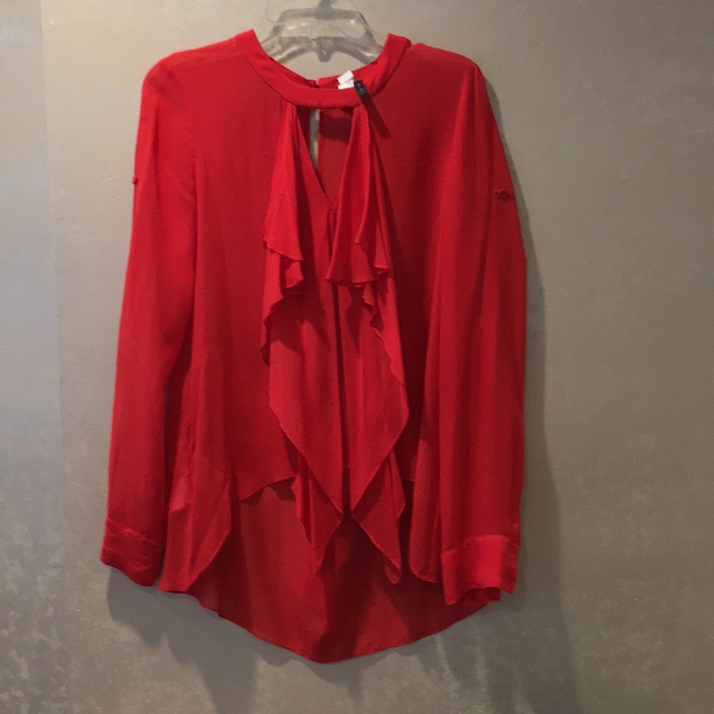 BCBG bright red silk chiffon ruffle top XS hi lo